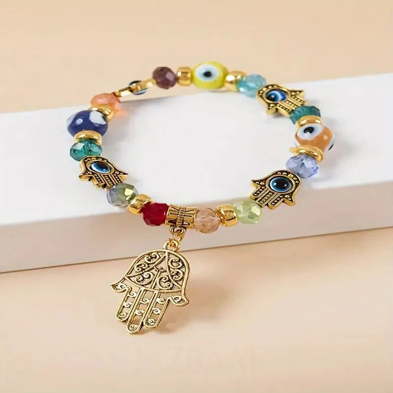 Vibrant Hamsa & Evil Eye Multicoloured Beaded Bracelet