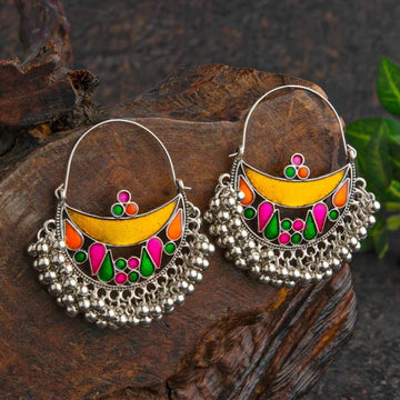 Vibrant Meenakari Handcrafted Chandbali Earrings, Silver-Plated Ethnic Danglers