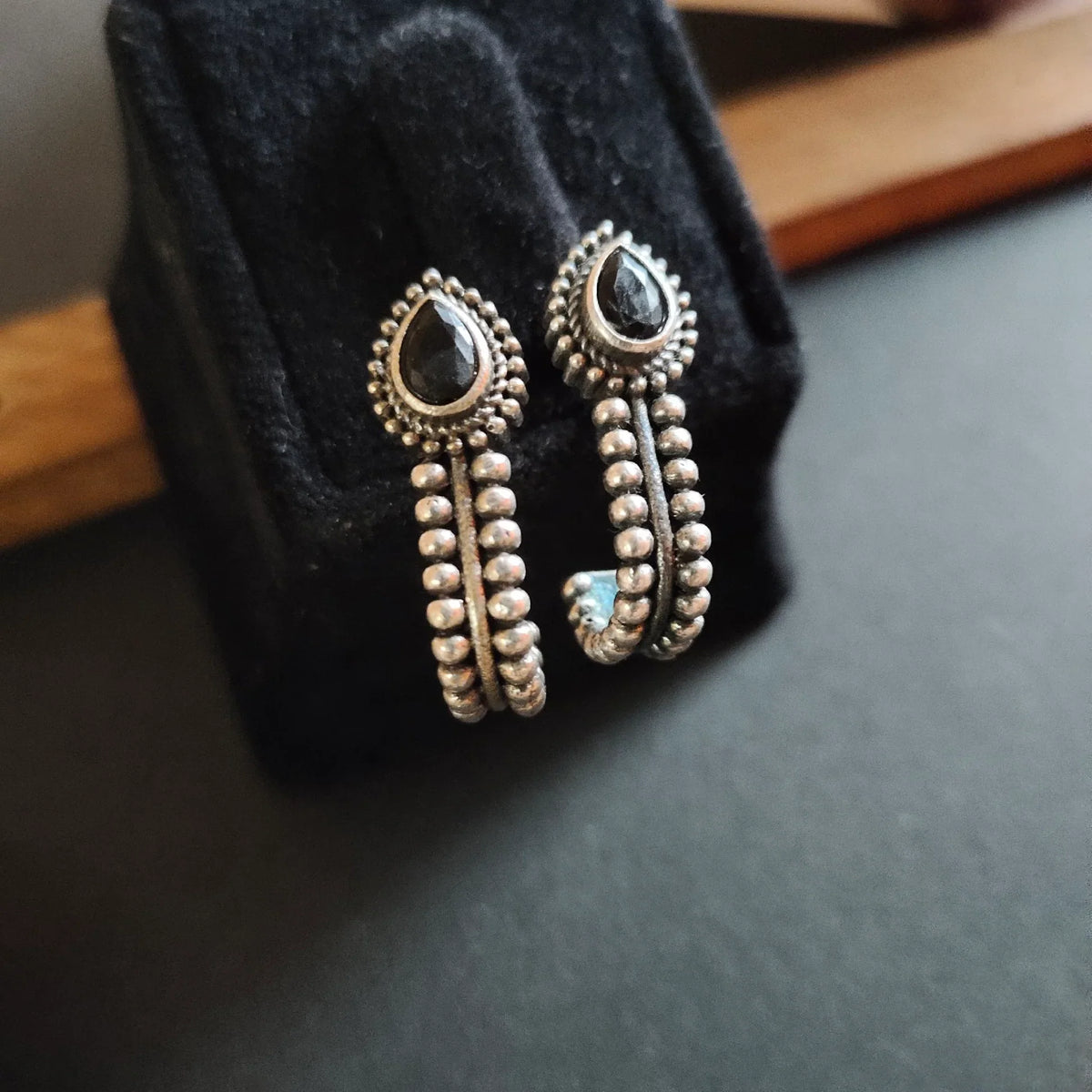 Vintage Oxidised Black Stone Stud Earrings