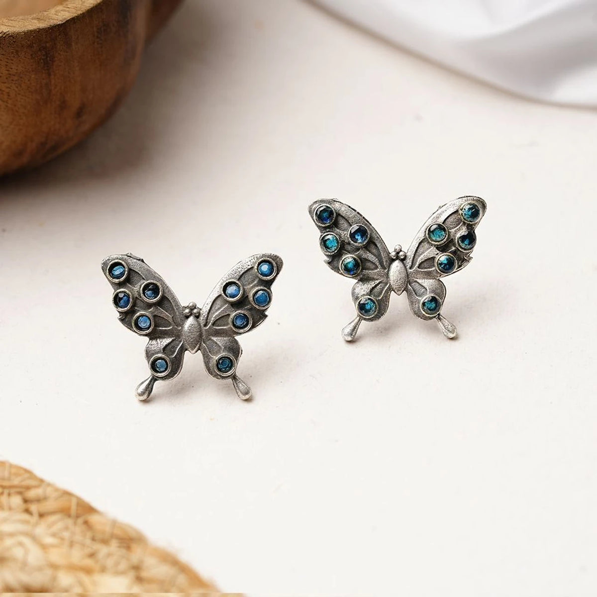 Vintage Oxidized Silver Butterfly Stud Earrings
