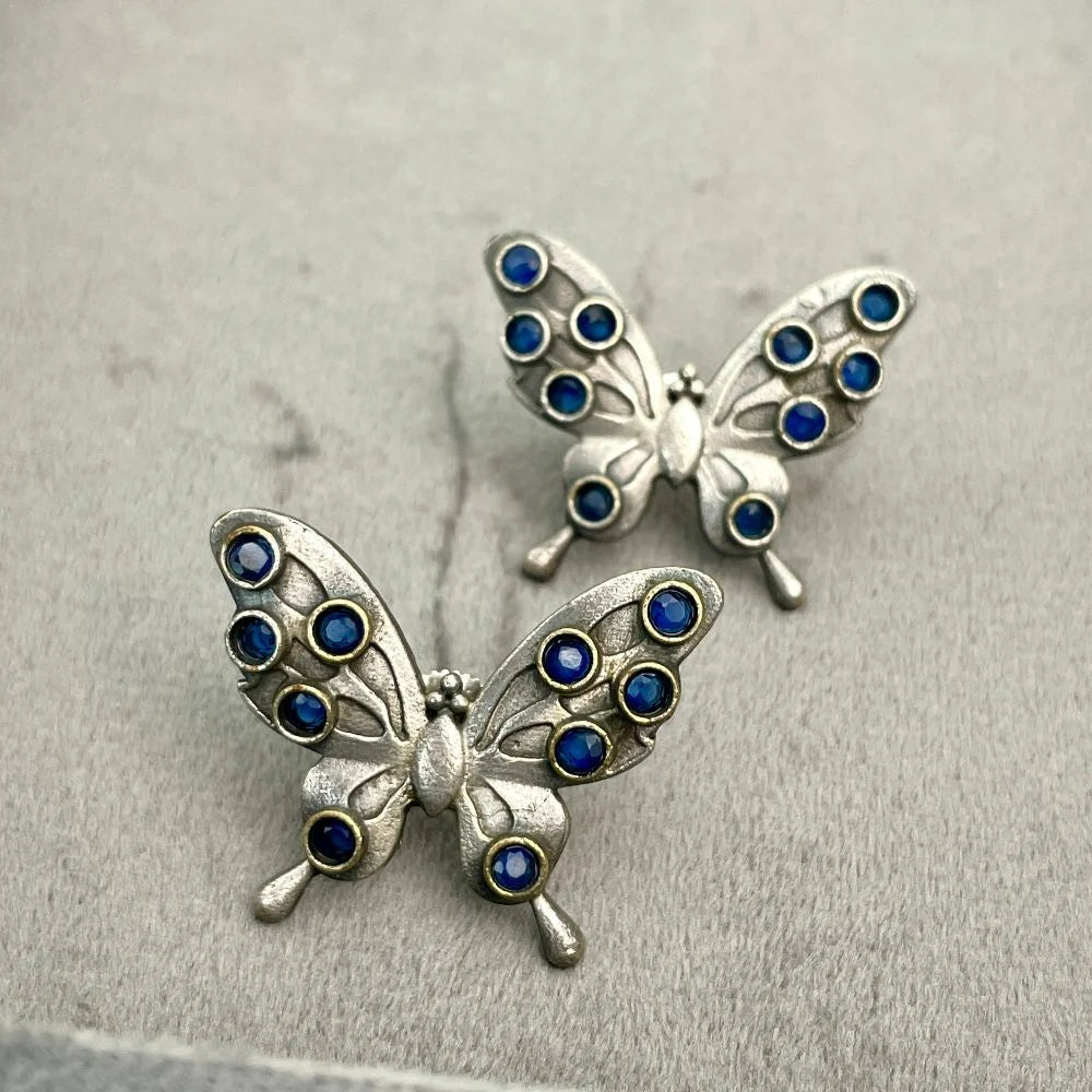 Vintage Oxidized Silver Butterfly Stud Earrings
