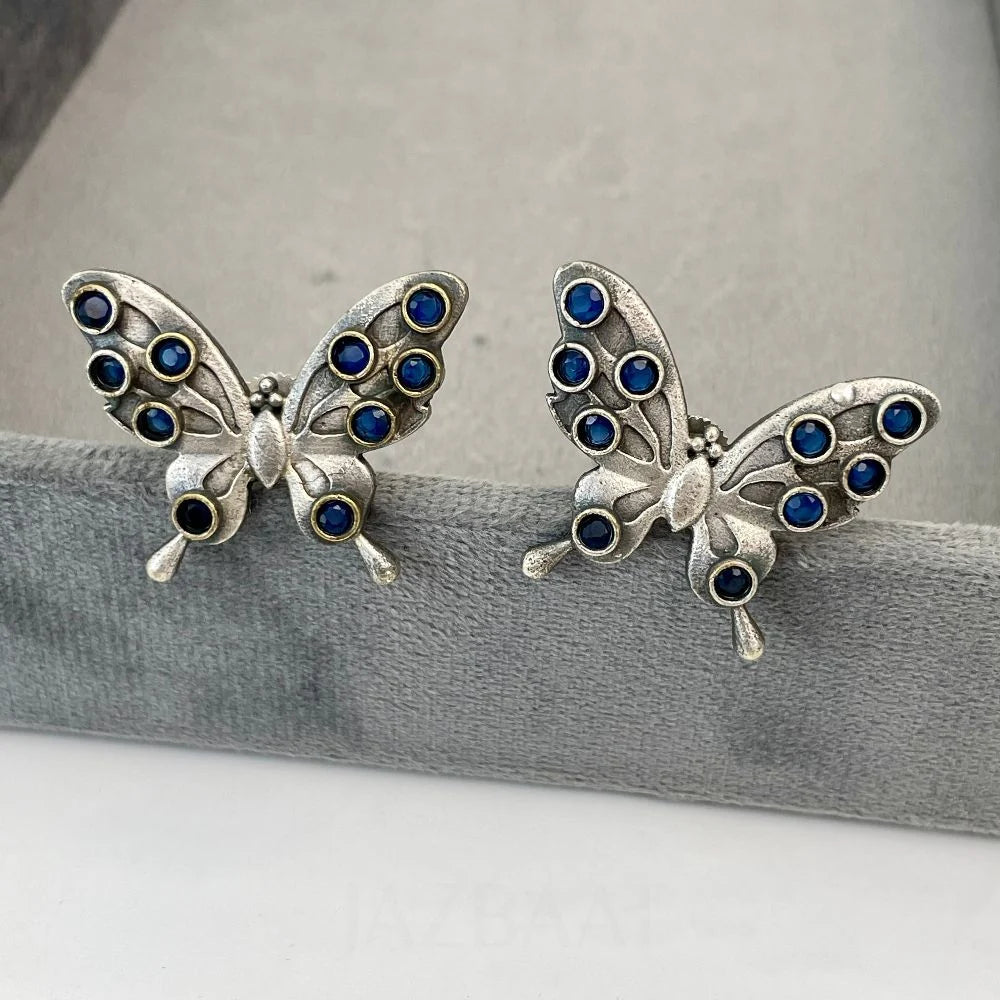 Vintage Oxidized Silver Butterfly Stud Earrings
